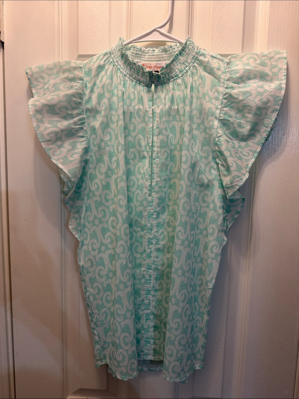 Jude Connally Aqua and White Printed Smocked Neck Blouse